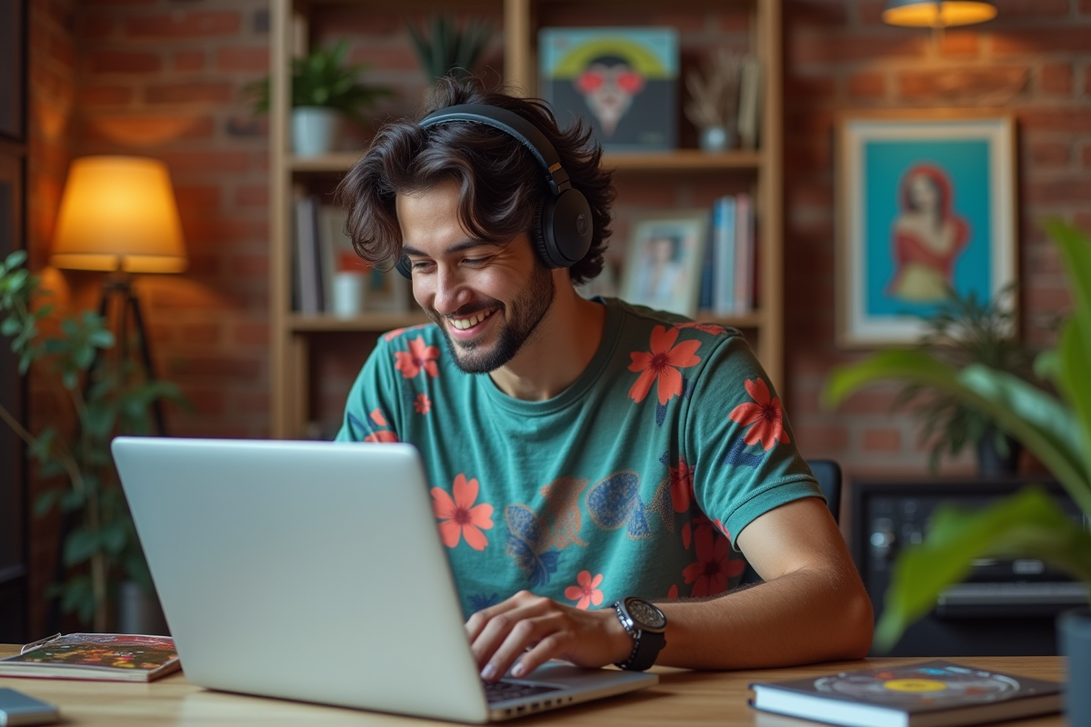 Jeune homme souriant avec casque en train de créer une playlist