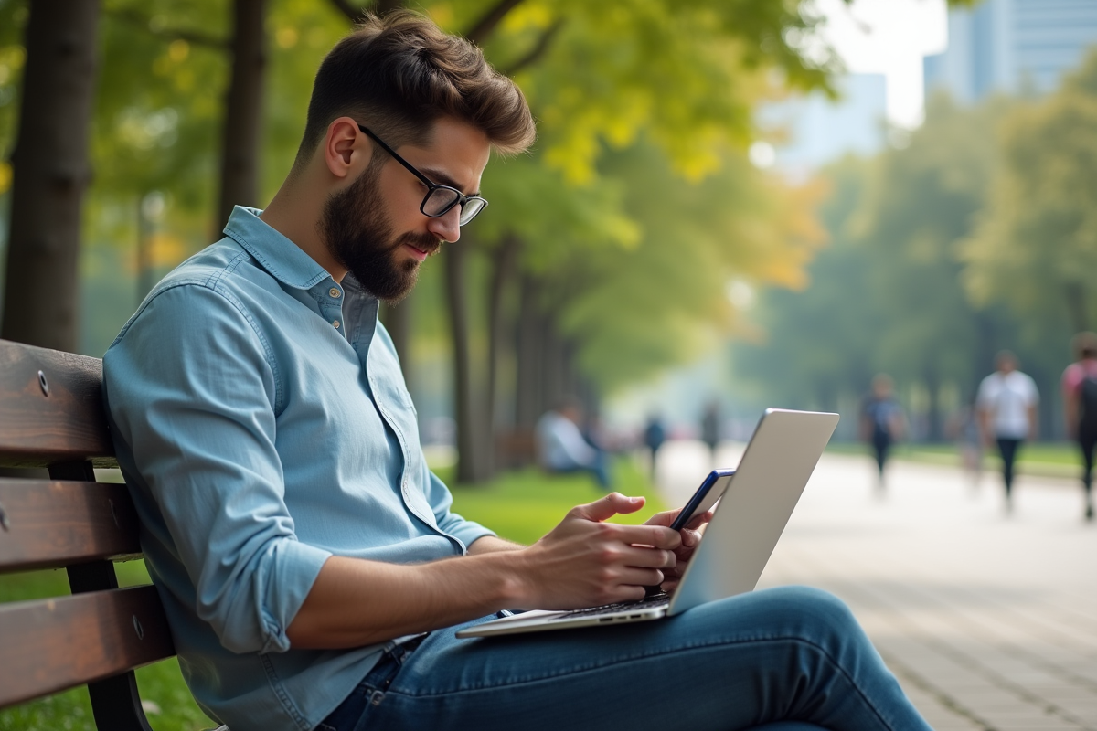 Jeune homme détendu utilisant son ordinateur en plein air