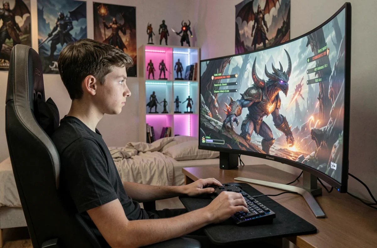 Jeune joueur en chambre devant un grand écran incurvé en pleine session de chasse solo pour accumuler de l'XP dans un jeu MMORPG