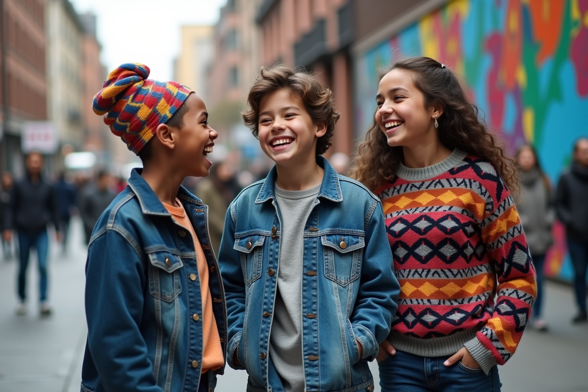 Trois adolescents souriants dans la rue urbaine animée