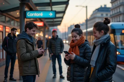 Jeunes adultes près d’un tram à Lyon en soirée