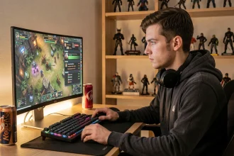 Joueur solo concentré sur son ordinateur jouant à un MMORPG fantasy pour monter en XP rapidement