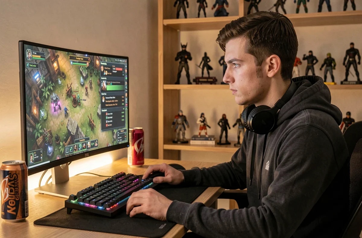 Joueur solo concentré sur son ordinateur jouant à un MMORPG fantasy pour monter en XP rapidement
