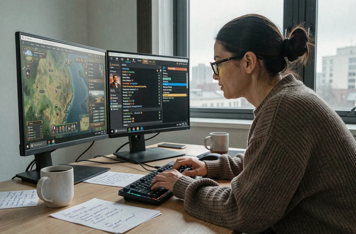 Joueuse planifiant une stratégie de chasse solo sur double écran avec cartes et notes pour progresser en XP