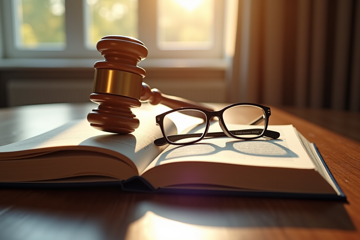 Bavette de juge en bois et livre de code civil ouvert