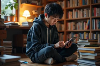 Jeune homme entouré de mangas lisant sur une tablette dans une chambre encombrée de volumes de manga empilés