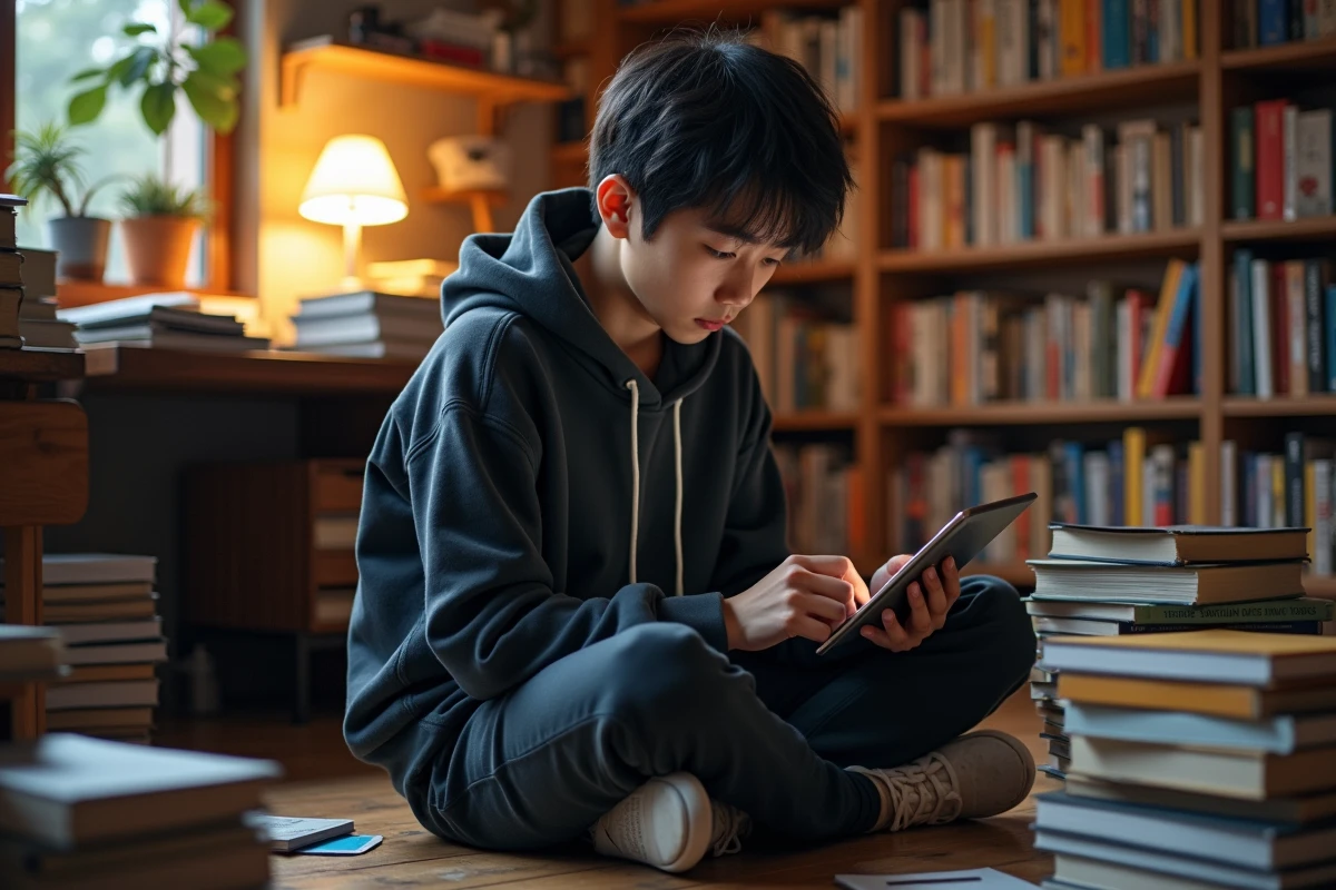Jeune homme entouré de mangas lisant sur une tablette dans une chambre encombrée de volumes de manga empilés