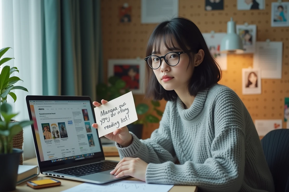 Jeune femme avec des lunettes consultant plusieurs sites de lecture manga sur son ordinateur portable avec une liste manuscrite