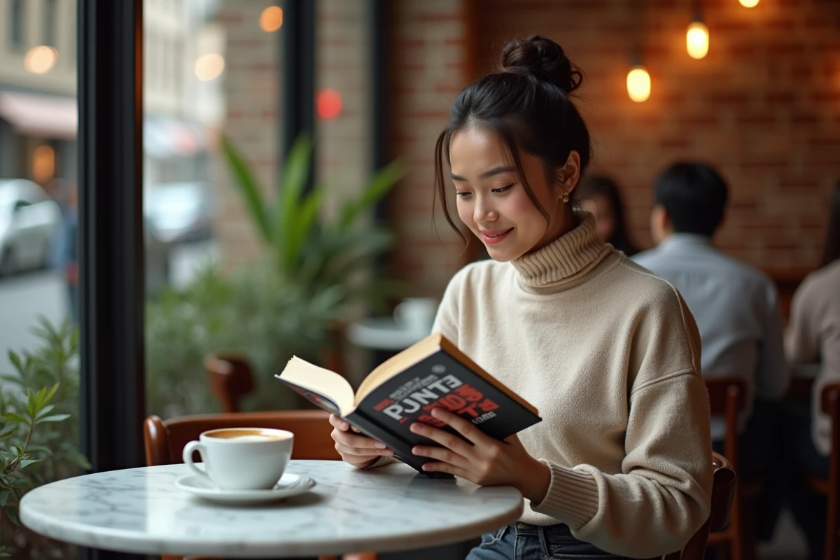 Jeune femme lisant un tome de manga dans un café urbain moderne avec un espresso