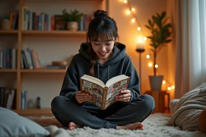 Jeune femme lisant un manga dans sa chambre, entourée de volumes sur des étagères en bois