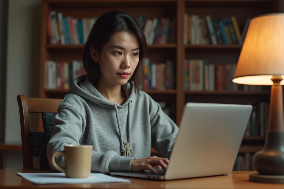 Jeune femme lisant des mangas en ligne sur son ordinateur portable dans un bureau à domicile avec des étagères remplies de volumes manga