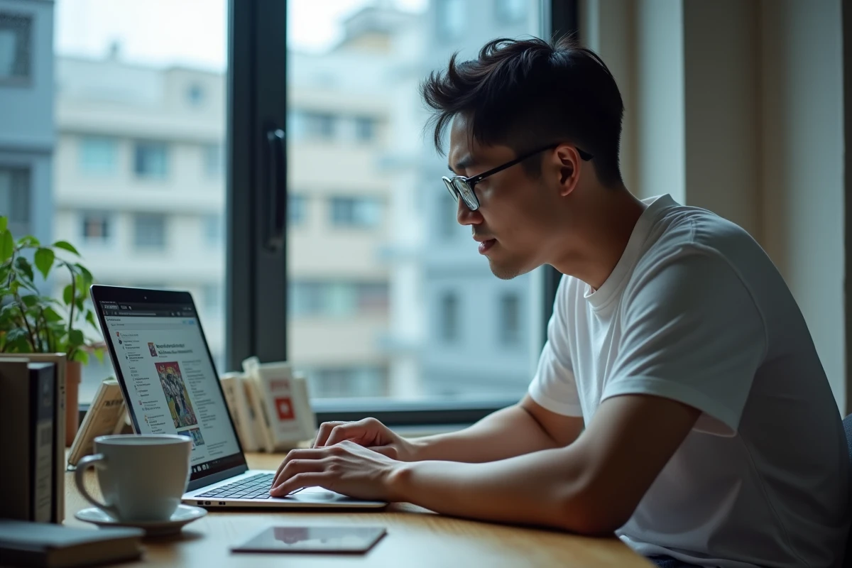 Homme lisant un manga en ligne sur tablette et ordinateur dans un bureau moderne à domicile