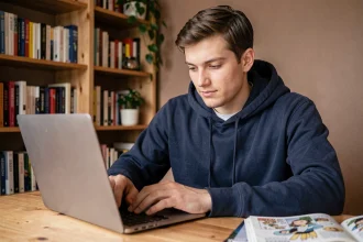 Jeune homme lisant des mangas en ligne sur un ordinateur portable dans un bureau à domicile sécurisé