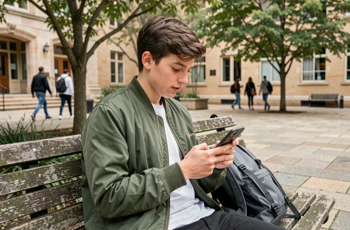 Jeune adulte consultant un site de manga sur smartphone en extérieur sur un campus universitaire