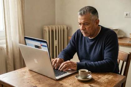 Un homme nord-africain d'une cinquantaine d'années lit le journal Echorouk en ligne sur un ordinateur portable dans un appartement parisien