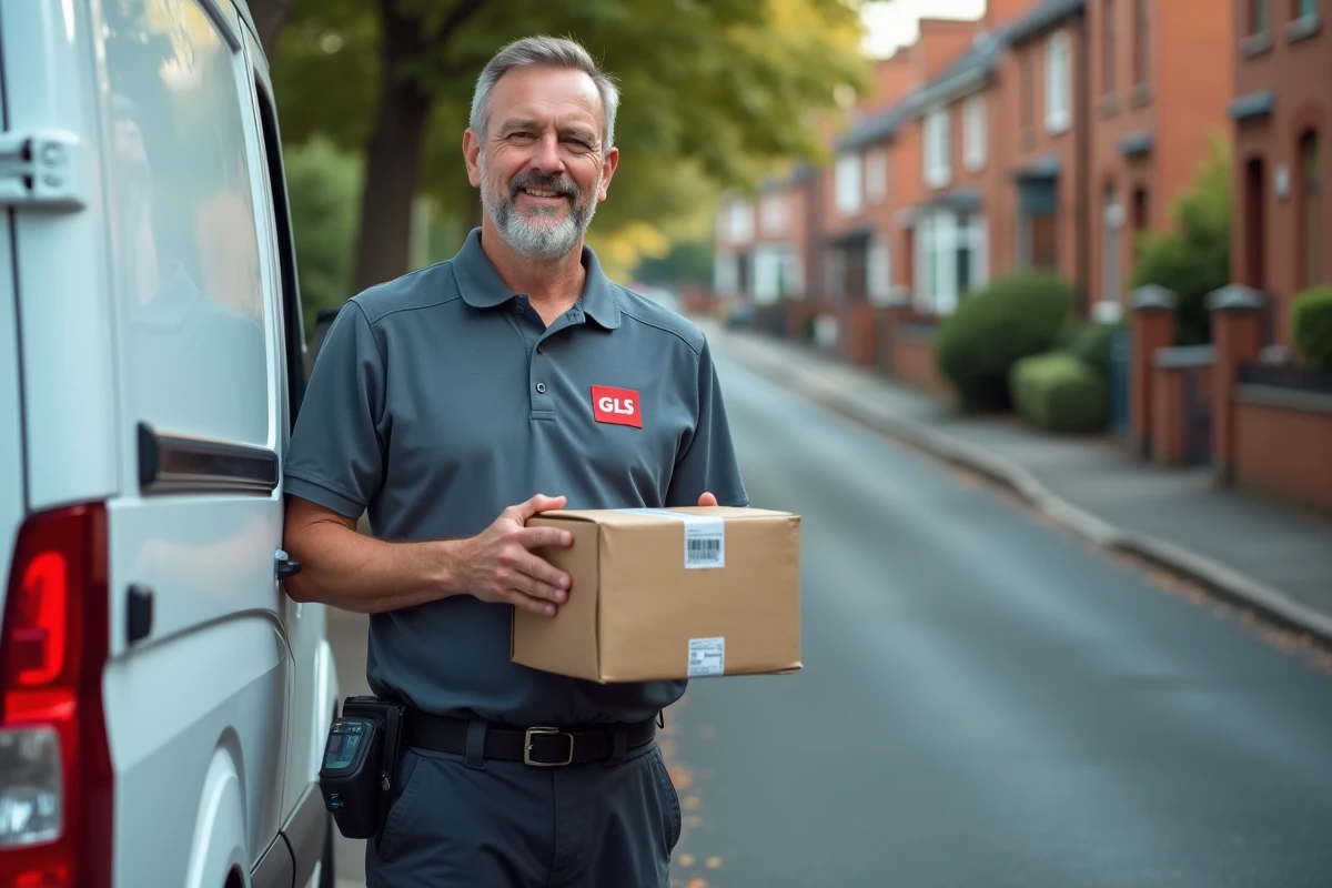 Livreur GLS scannant un colis avec un appareil de suivi devant un camion de livraison