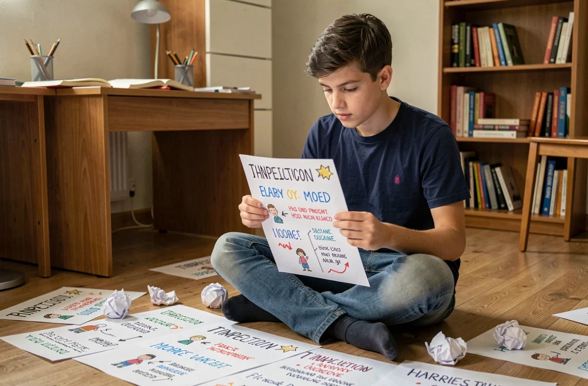 Lycéen assis par terre dans sa chambre en train de finaliser son affiche de délégué de classe entouré de brouillons