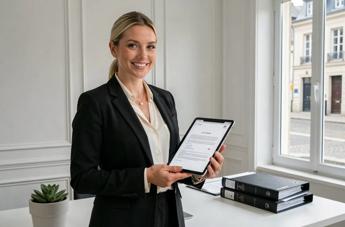 Maître Amandine Georgeon, avocate au barreau de Lons-le-Saunier, tenant une tablette avec des documents juridiques dans son cabinet contemporain