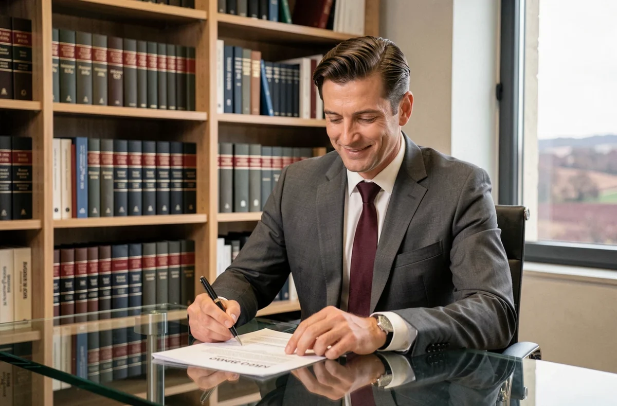 Maître Florian Louard, avocat en droit des affaires au barreau de Mâcon, examinant un contrat commercial dans son cabinet