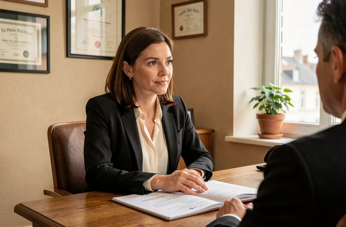 Maître Lise Blache, avocate en droit de la famille au barreau de Dijon, en consultation avec un client dans son cabinet