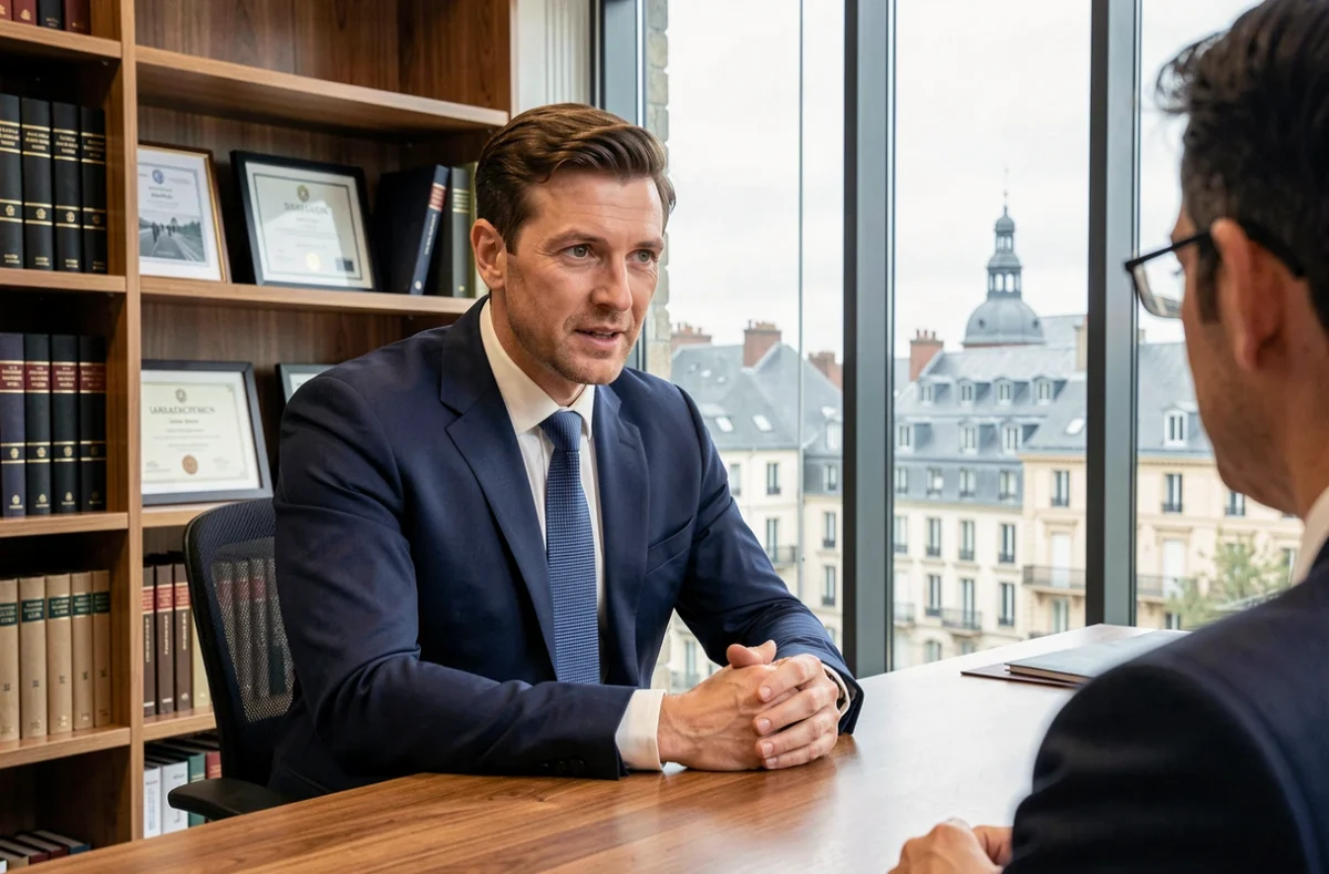 Maître Maxime Paget, avocat au barreau de Dijon, en discussion professionnelle dans un cabinet avec vue sur la ville de Dijon
