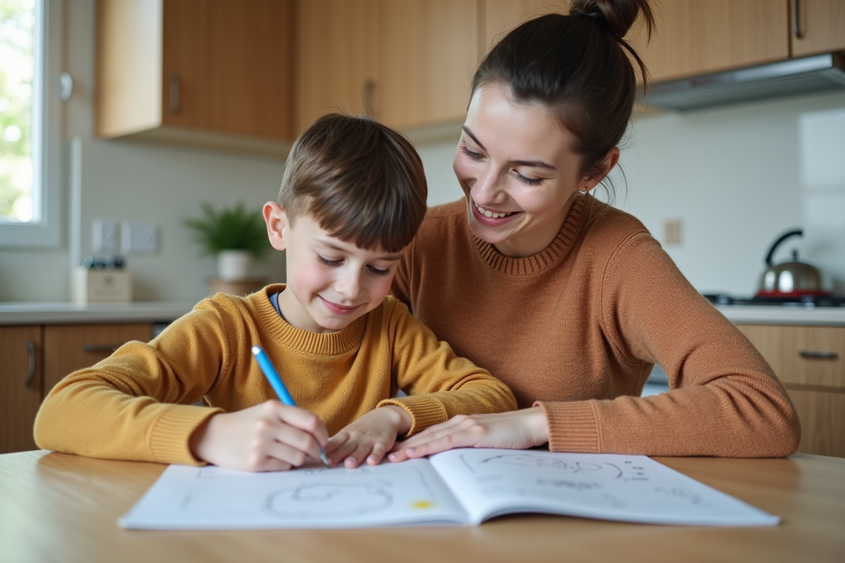 Maman et son enfant dans la cuisine lumineuse