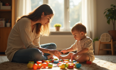 Maman et enfant dans le salon avec jouets et lumière naturelle