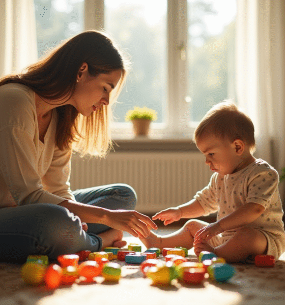 Maman et enfant dans le salon avec jouets et lumière naturelle