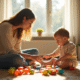 Maman et enfant dans le salon avec jouets et lumière naturelle