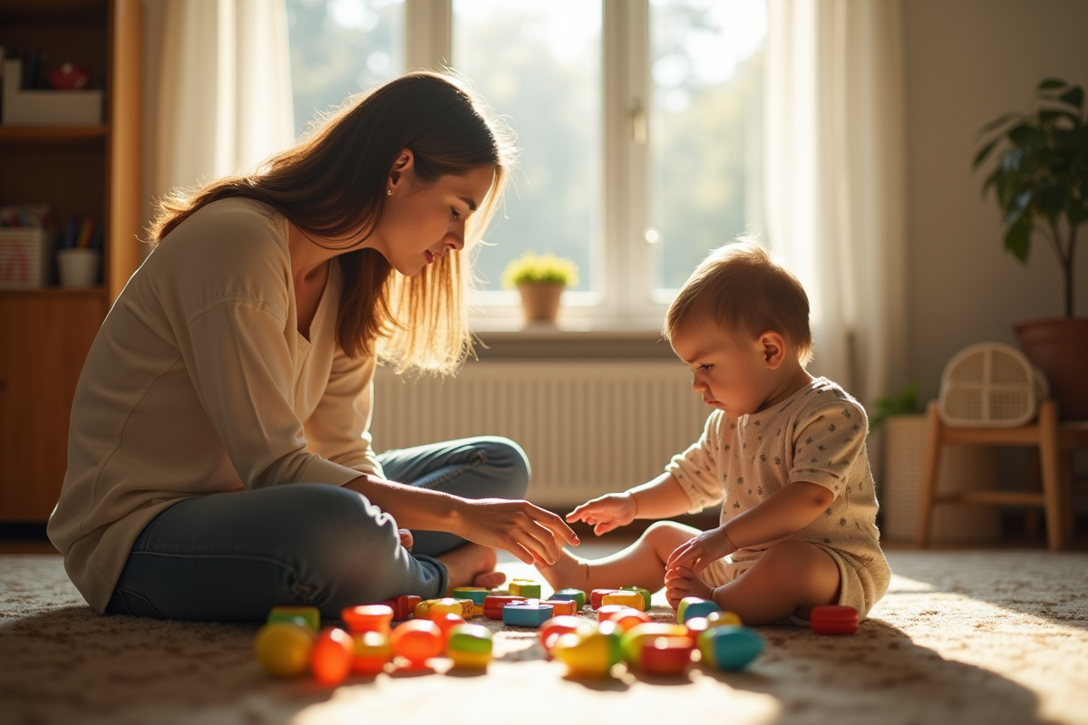 Maman et enfant dans le salon avec jouets et lumière naturelle
