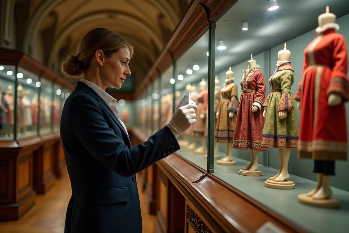Une conservatrice du musée de la Ville de Bruxelles examine les costumes du Manneken Pis exposés dans des vitrines patrimoniales