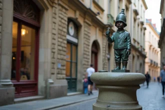 La statue du Manneken Pis sur son piédestal en pierre dans une rue pavée de Bruxelles, entourée de façades flamandes historiques