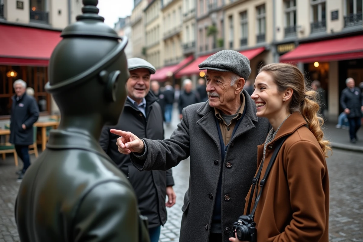 Des habitants de Bruxelles et des touristes rassemblés autour du Manneken Pis, partageant un moment de convivialité dans la rue de l'Étuve