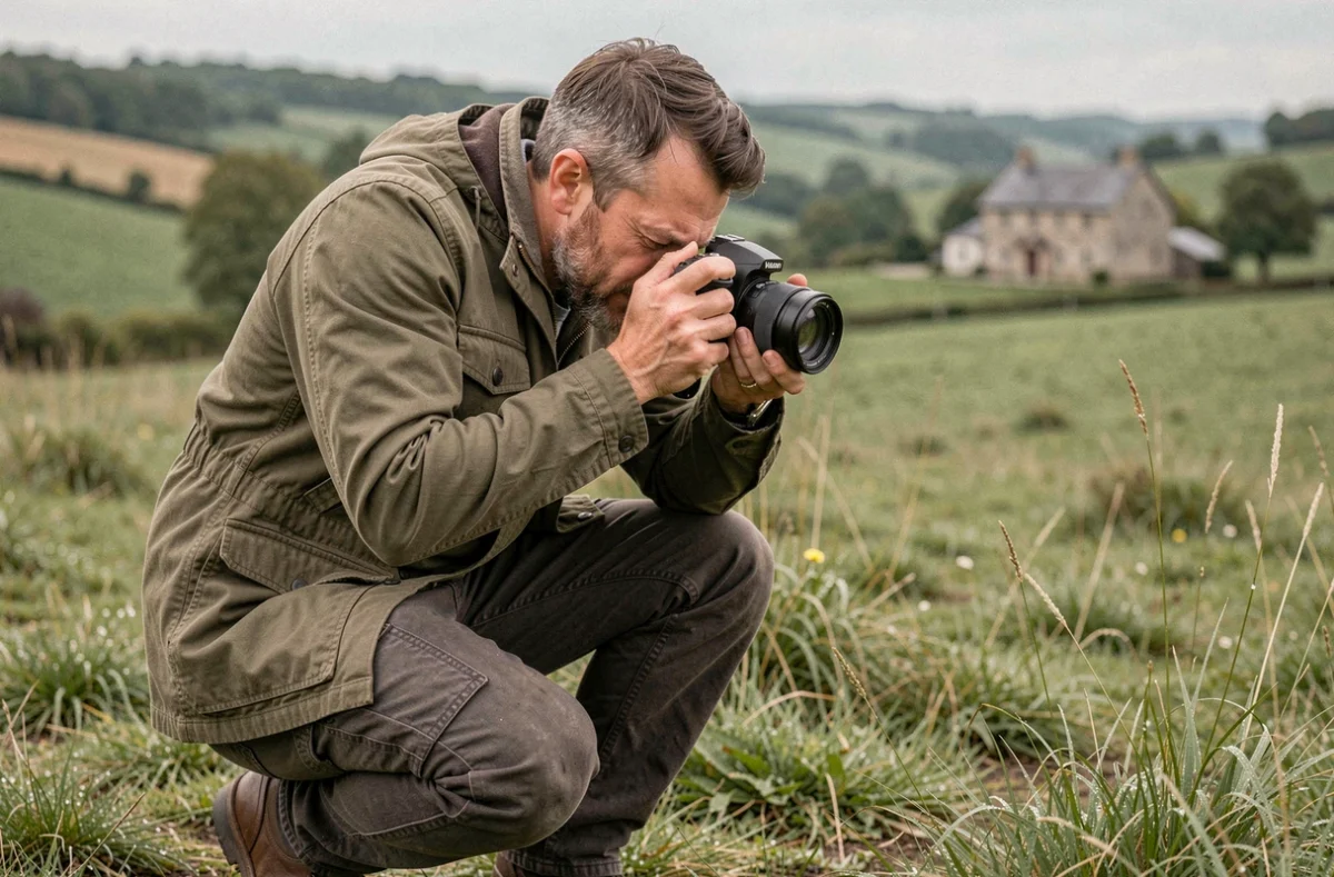 Mathieu Hummel photographiant en pleine nature dans la campagne des Pays de la Loire