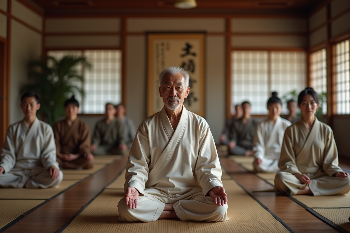 Praticien en médecine chinoise guidant une séance de respiration en groupe