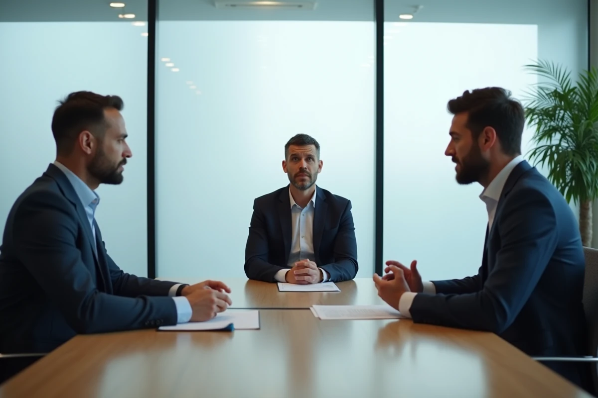 Séance de médiation entre deux hommes autour d'une table de conférence moderne, illustrant la résolution de conflits et la justice réparatrice