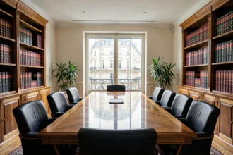 Vue d'ensemble d'un cabinet d'avocats élégant en Bourgogne-Franche-Comté avec table de conférence en bois et bibliothèque juridique