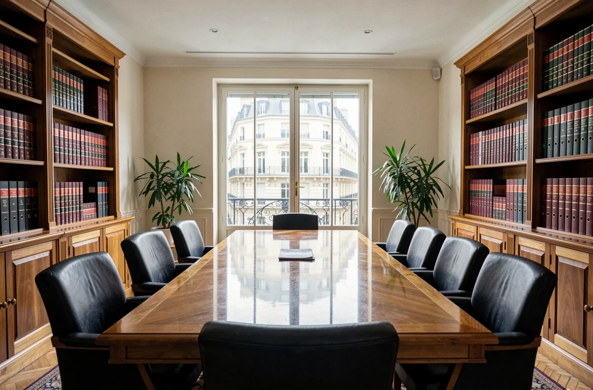 Vue d'ensemble d'un cabinet d'avocats élégant en Bourgogne-Franche-Comté avec table de conférence en bois et bibliothèque juridique