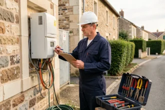 Électricien professionnel inspectant un tableau électrique devant une maison dans la Loire