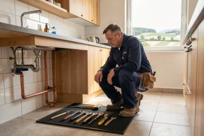 Plombier professionnel travaillant sous un évier dans une cuisine résidentielle en Haute-Saône