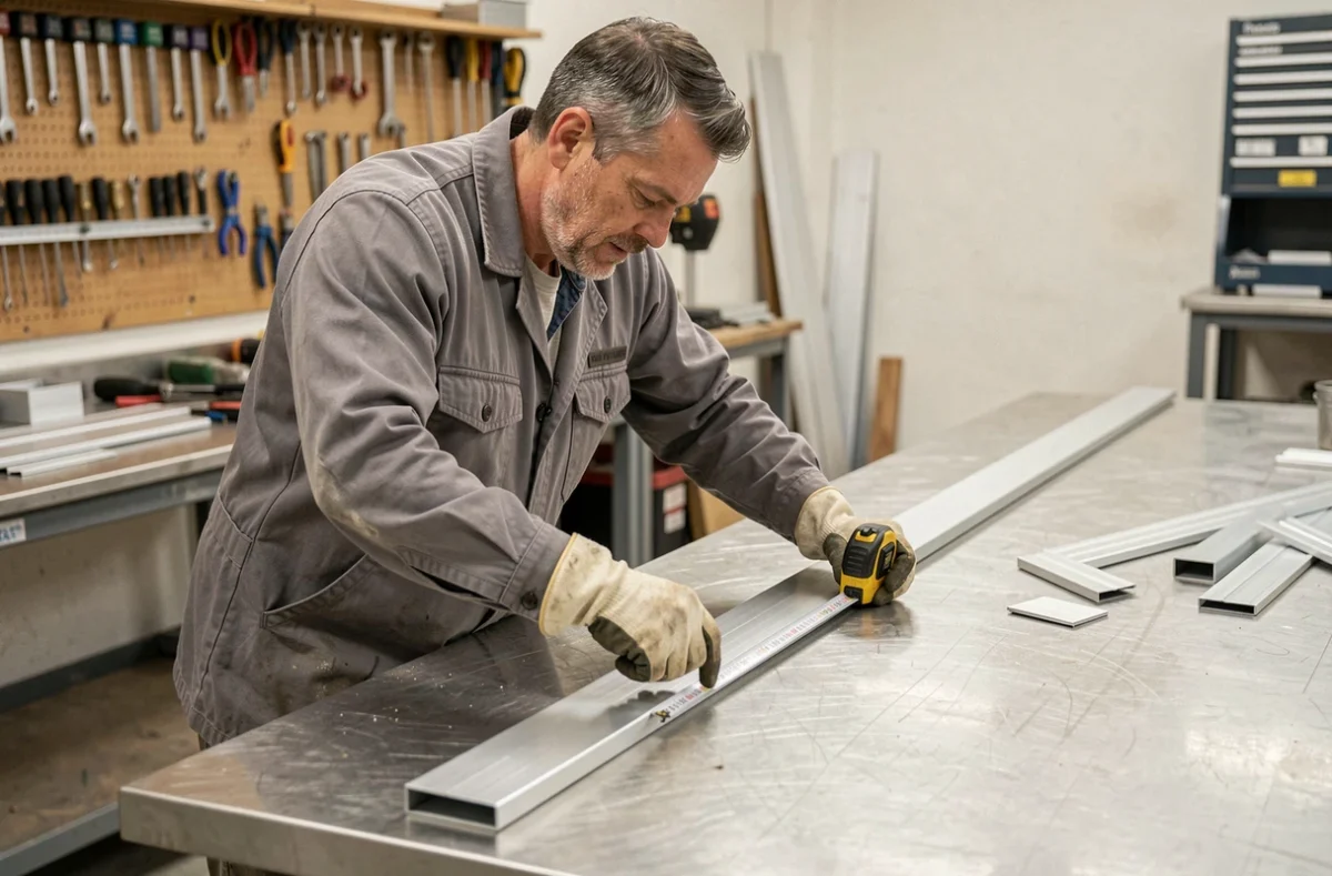 Ouvrier métallurgiste mesurant la longueur d'un tube rectangulaire en aluminium sur un établi en acier inoxydable