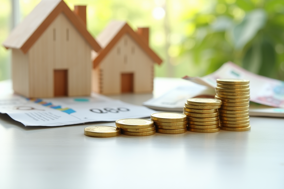 Pièces d euro et billets avec petites maisons sur un bureau lumineux
