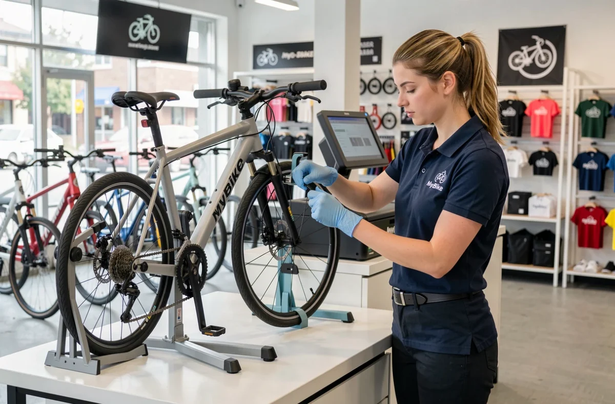 Technicienne MyBike France remplaçant un câble de frein dans un atelier moderne du Val-de-Marne