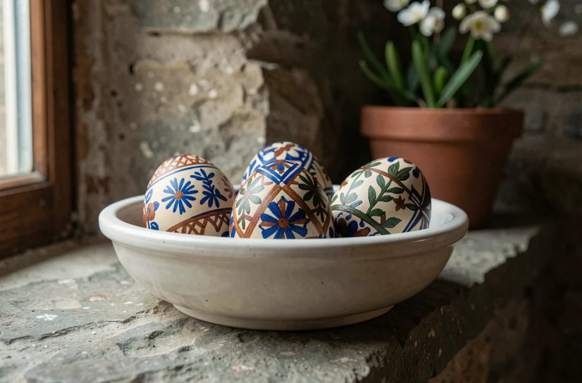 Gros plan d'œufs de Pâques peints à la main aux motifs traditionnels dans un bol en céramique sur un rebord de fenêtre en pierre