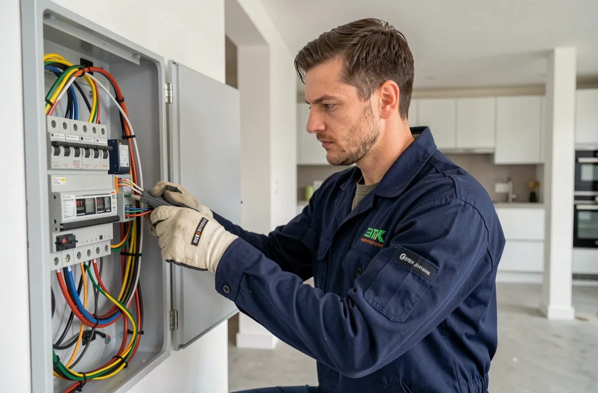 Électricien Ohmeo Concept travaillant sur un tableau électrique dans un appartement moderne à Saint-Etienne
