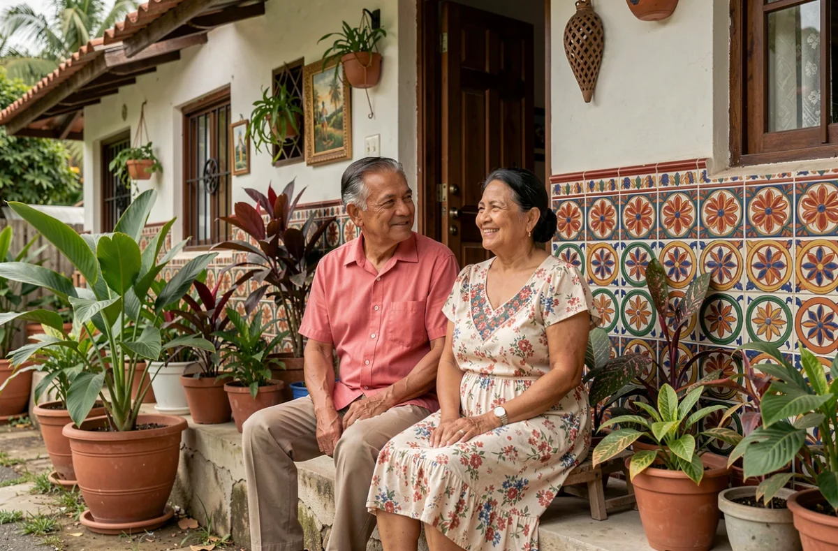 Couple latino âgé sur le porche d'une maison typique portoricaine, symbolisant les racines familiales et culturelles hispaniques
