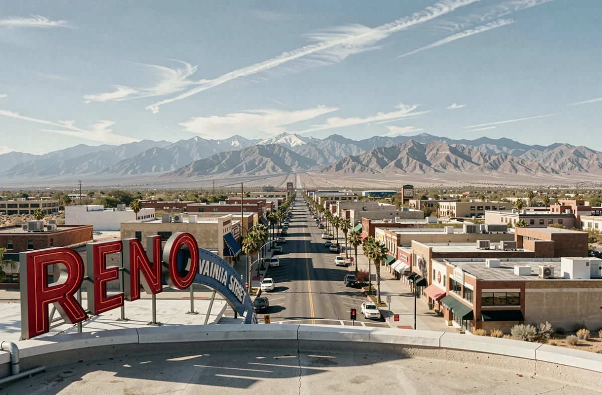 Vue panoramique du centre-ville de Reno, Nevada, avec l'emblématique enseigne en lettres néon, ville en 4 lettres
