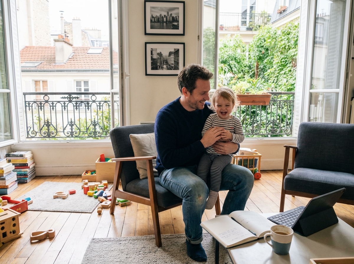 Père et fille dans un salon parisien chaleureux