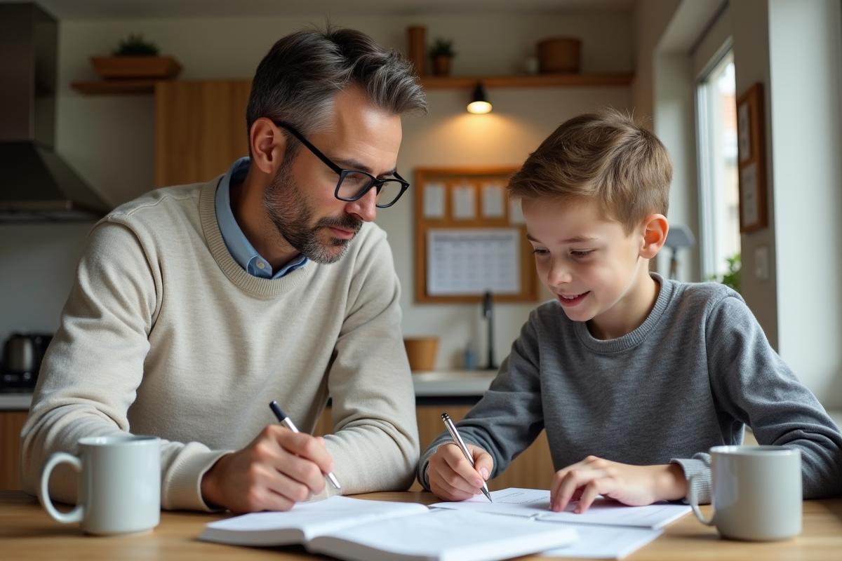 Père expliquant la planification financière à son fils ado