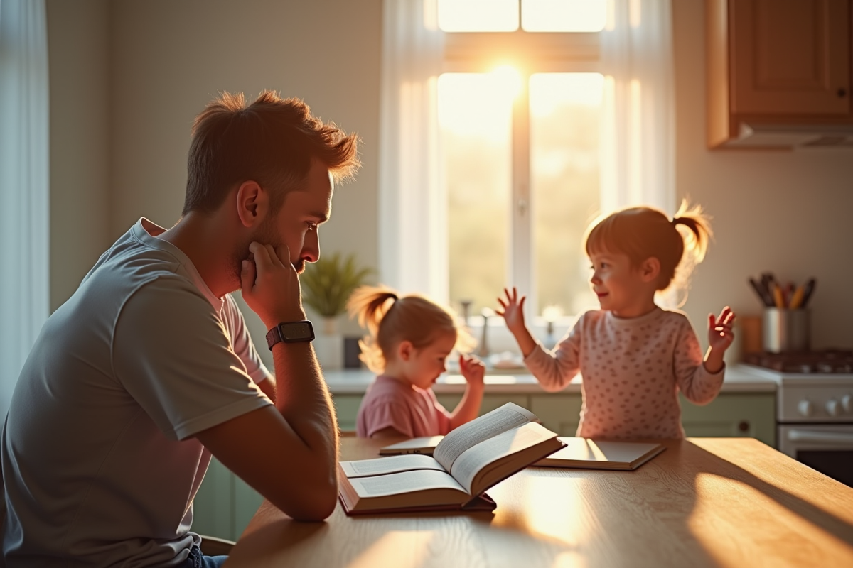 Père lisant un livre de parentalité avec enfants qui jouent